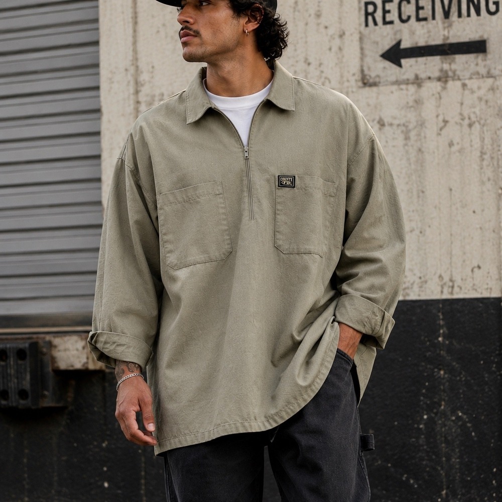 FB County Zip Shirt Oversized Heavyweight Workwear Pullover Khaki 3XL